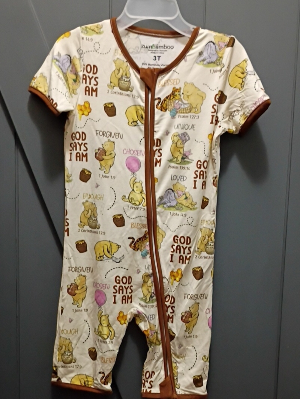 Zumbamboo God Says I Am Cream Romper with Brown Trim and Bear Scripture Print